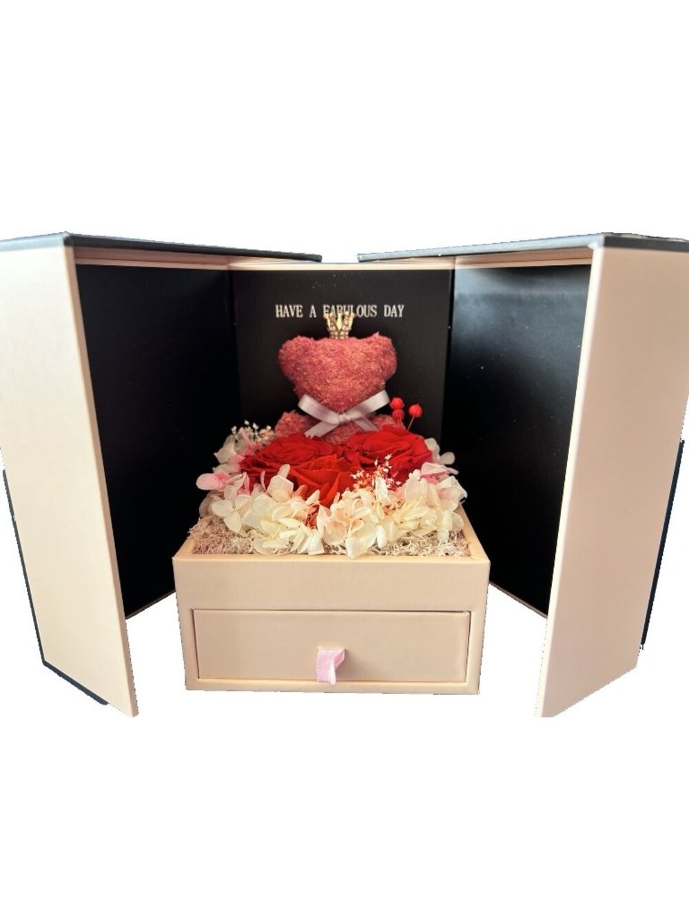 "Have A Fabulous Day" Gift Box Jewelry Teddy Bear Preserved Roses Red Pink Crown